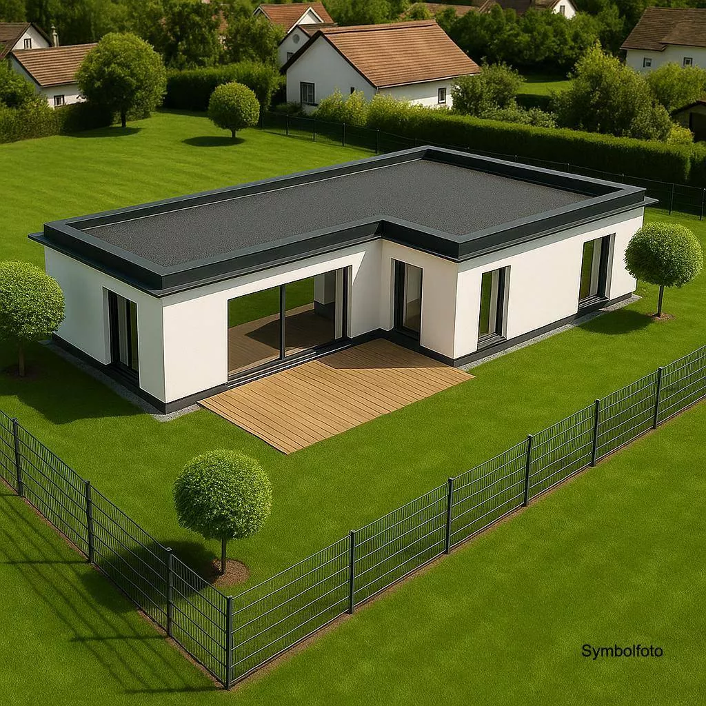 Symbolfoto: Bungalow in schwarz/weiß mit Gartenfläche und Terrasse.