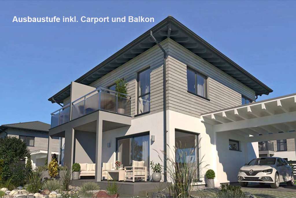 grau/weiße Doppelhaushälte mit Carport und Terrasse.